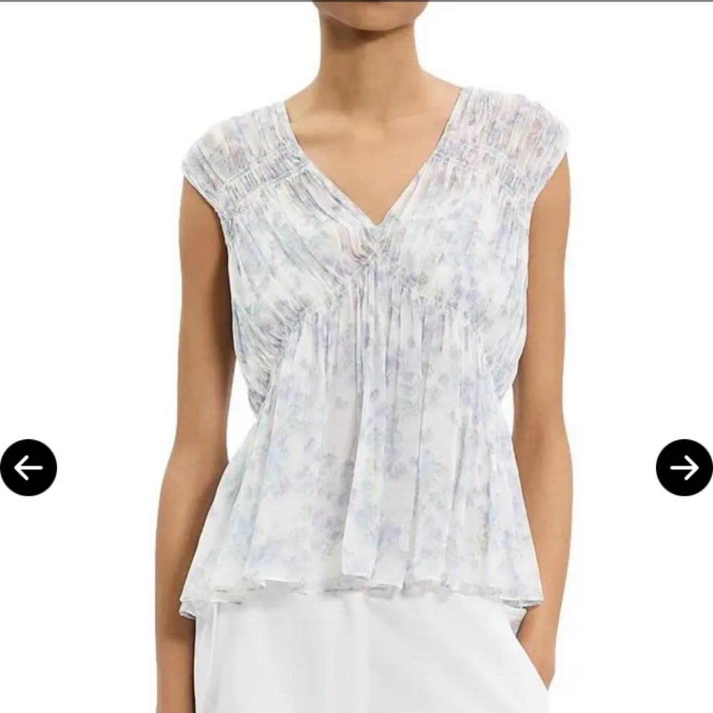 New THEORY Ruched Sleeveless Top In Floral 100% Silk
